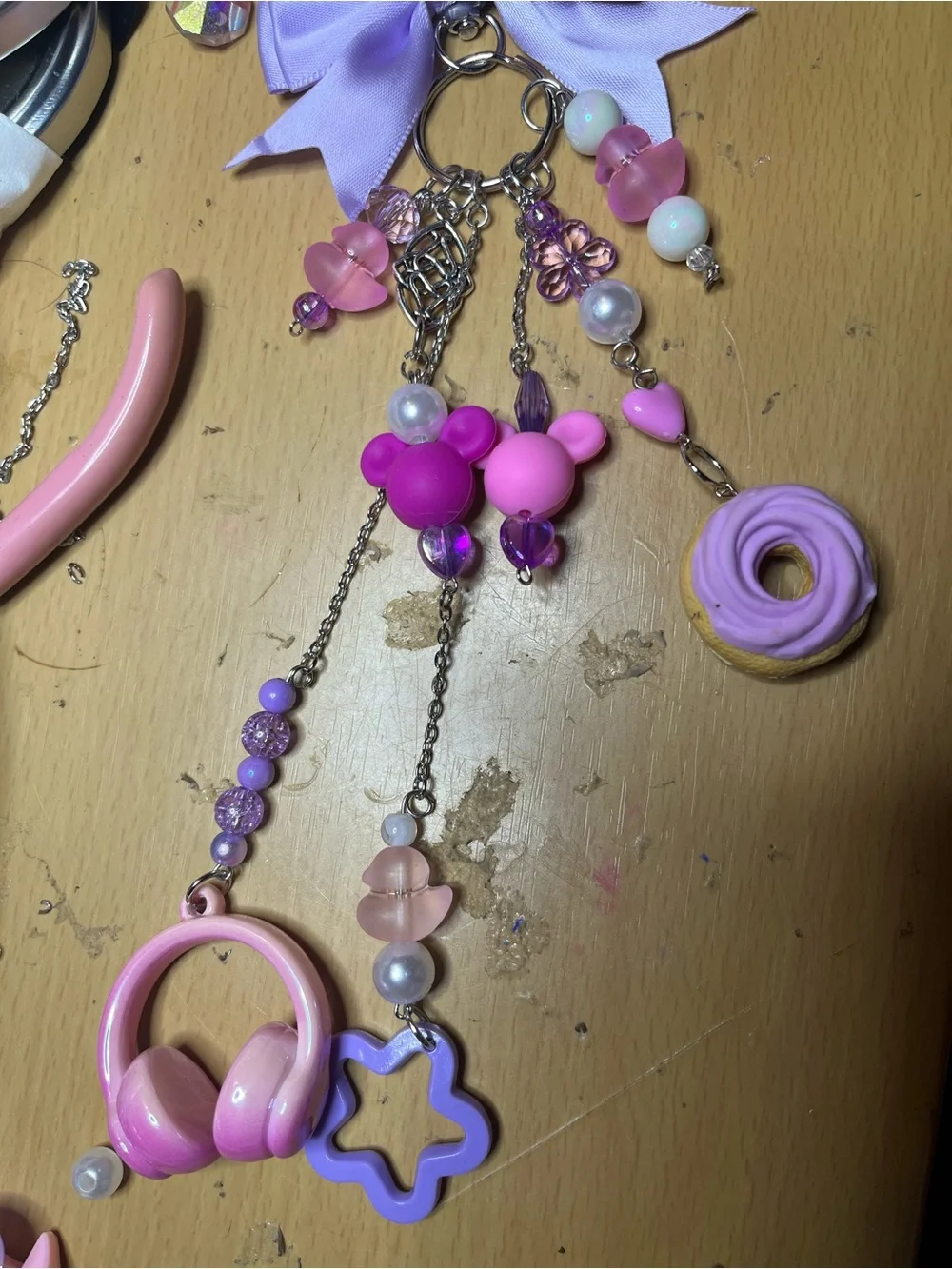 Kids Pink & Lavender Charm Keychain with Headphone, Donut & Star Charms